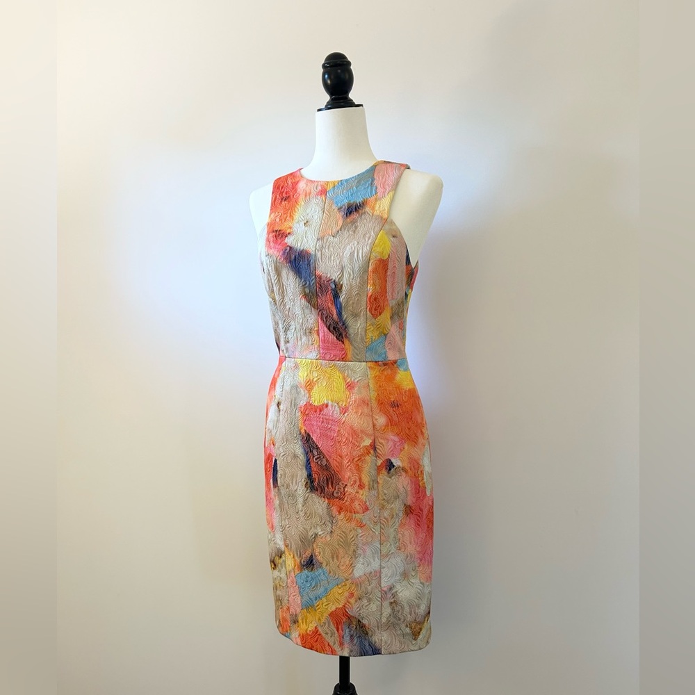 H&M Multi-Coloured, Pink, Yellow, Tan, Embossed Printed Dress, Fitted - size 8